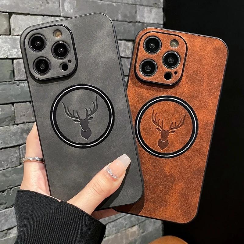 Luxury Deer Cortex Magsafe Phone Case For iPhone 11 12 13 14 15 Pro Max X XS XR Max Plus Magnetic Bumper Cases Cover