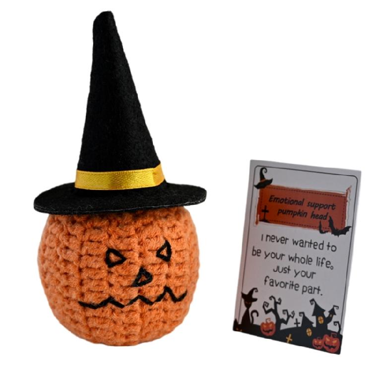 Festival Crochet Pumpkin Dolls with Positive Message Card Halloween Small Pumpkin Head Knit Toy Ornament for Gifting