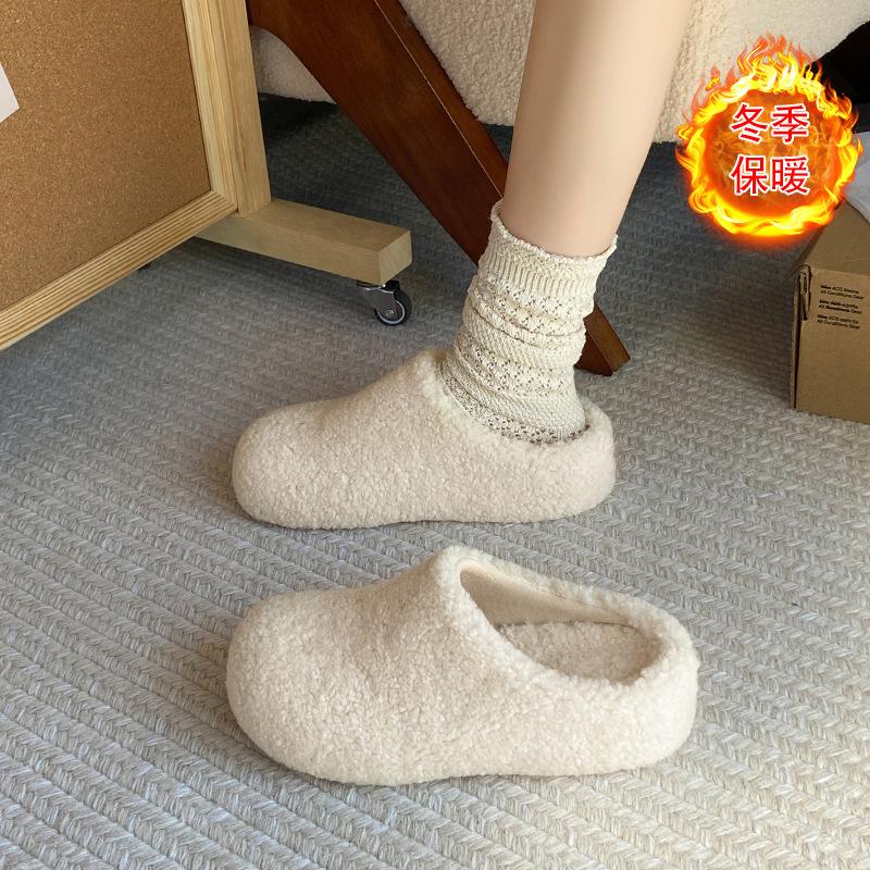 

Простые толстоподошвенные пушистые полушлепанцы с закрытым носком для женской уличной обуви 2025 новая осенне-зимняя модель, однопедальные набивные теплые хлопковые шлепанцы 40