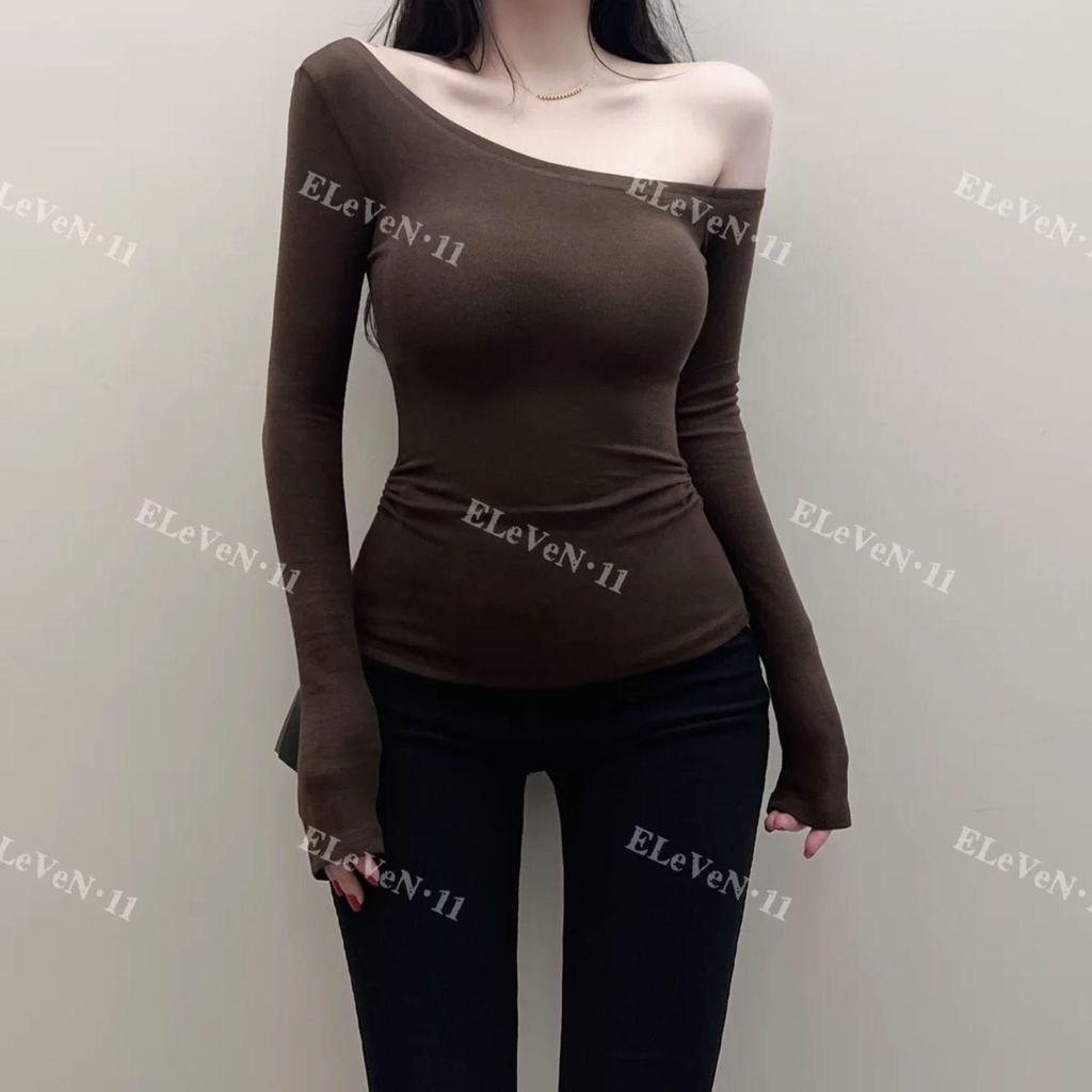 Korean Style Sexy Off-Shoulder Slim Fit Long-Sleeve T-Shirt for Autumn/Winter