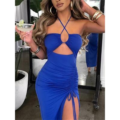 Hollow Out Drawstring Dress Women Sleeveless Backless High Split Elegant Ruched Dress Partywear Robe Sexy Femme Maxi Dress Perspective Street Dresses