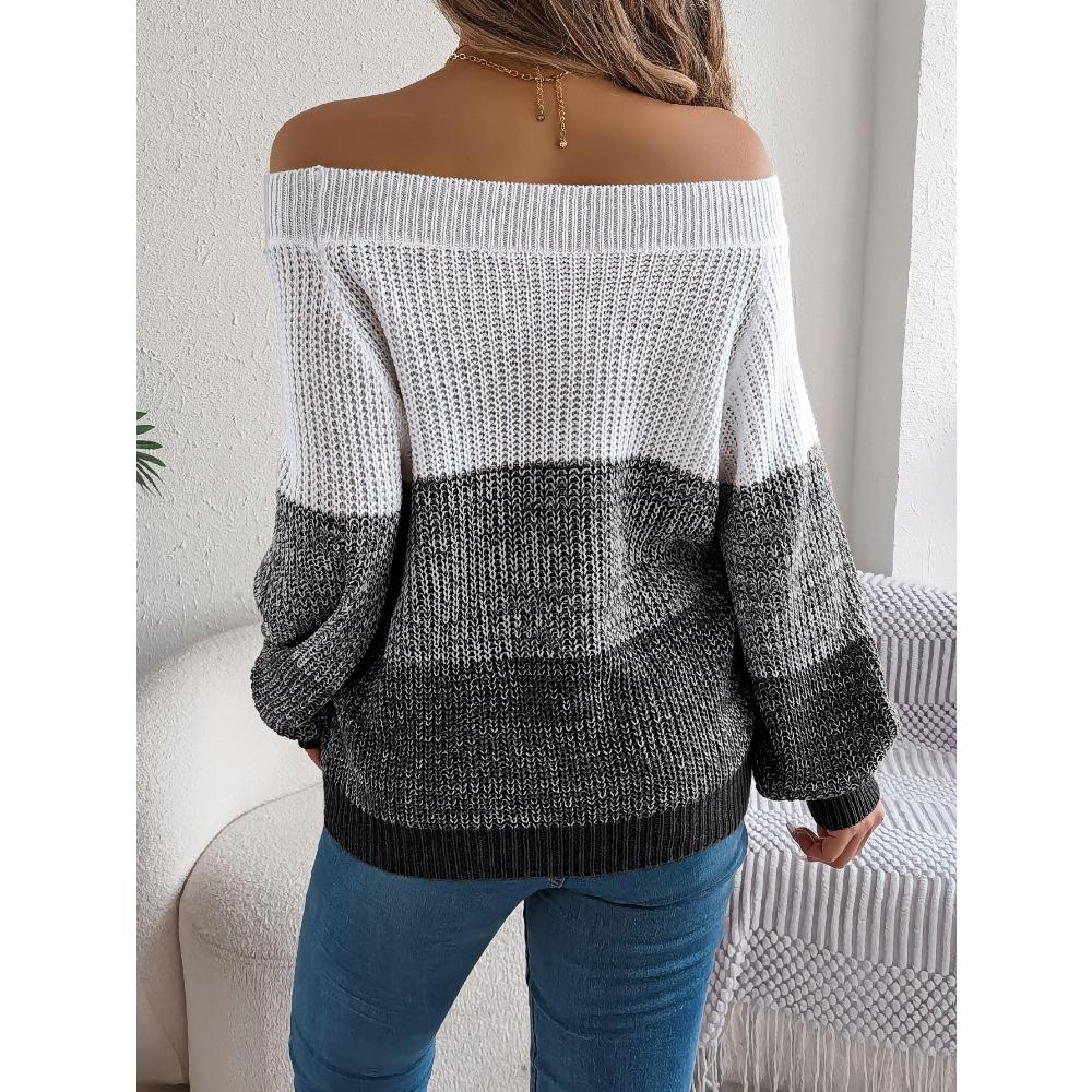 New Arrival Women's Oversized Casual Colour-Block Off-the-Shoulder Bell-Sleeve Pullover Knit Top