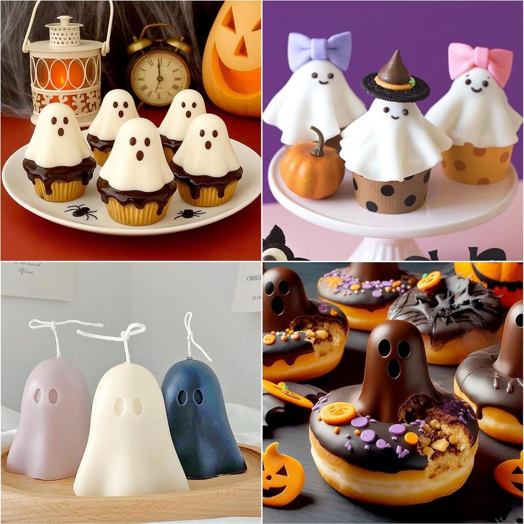 2Pcs Halloween Silicone Molds, 3D Ghost Silicone Mold for Food, Non-Stick Cute Ghost Cake Pop Mold for Jelly Chocolate Candy Gummy Crayon Resin