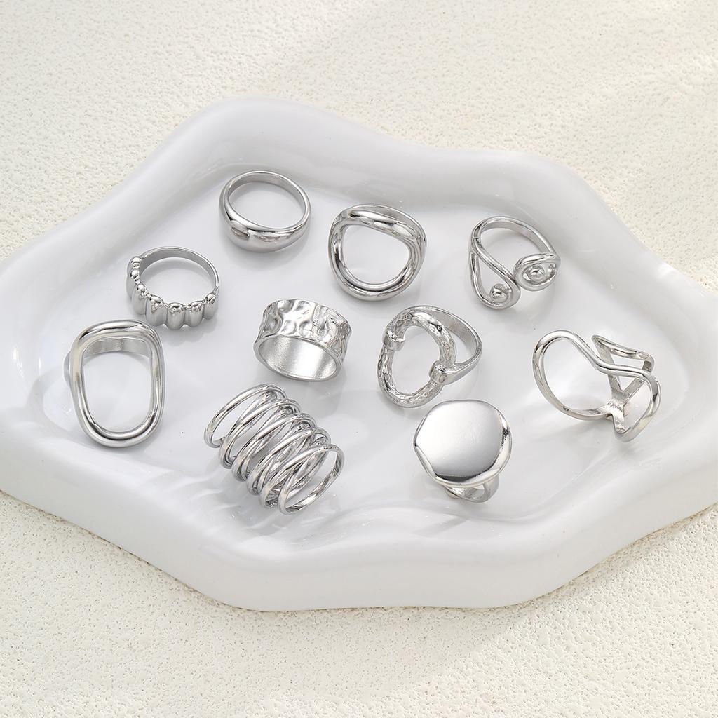 10Pcs/Sets Hiphop Irregular Hollow Arc-Shaped Rings for Women Men Punk Gothic Smooth Opening Rings Set Party Jewelry Accessories