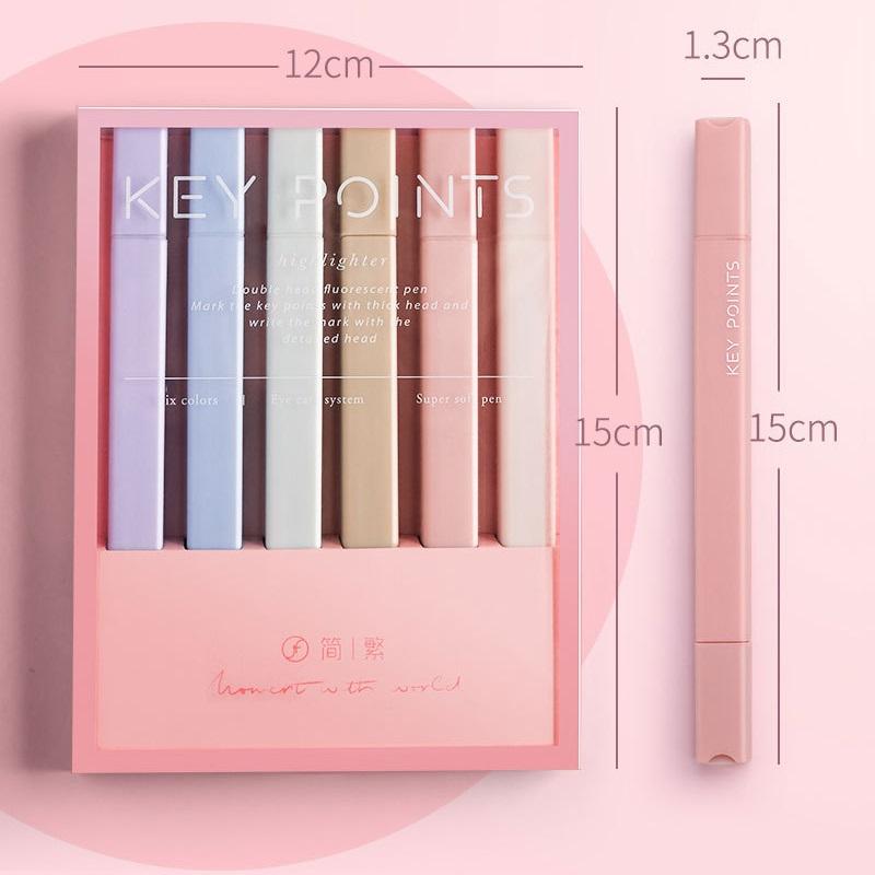 Juego de 6 Rotuladores Resaltadores de Color Suave Puntos Clave Doble Punta Pincel Grueso Marcador Fineliner Dibujo Oficina Escuela