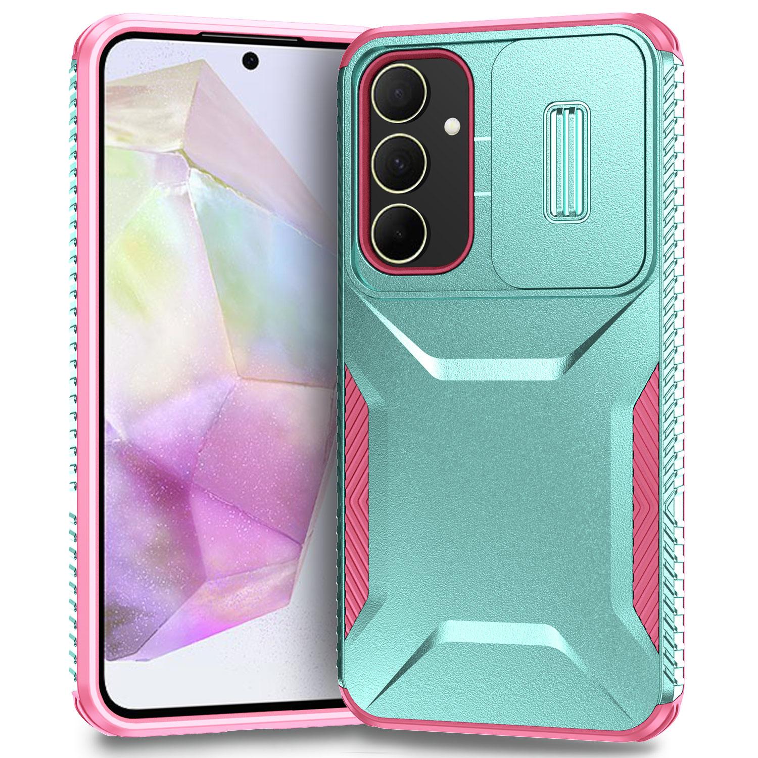 

For Samsung Galaxy A35 5G Case Drop Protection TPU+PC Phone Cover with Camera Lid Grey Green/Pink