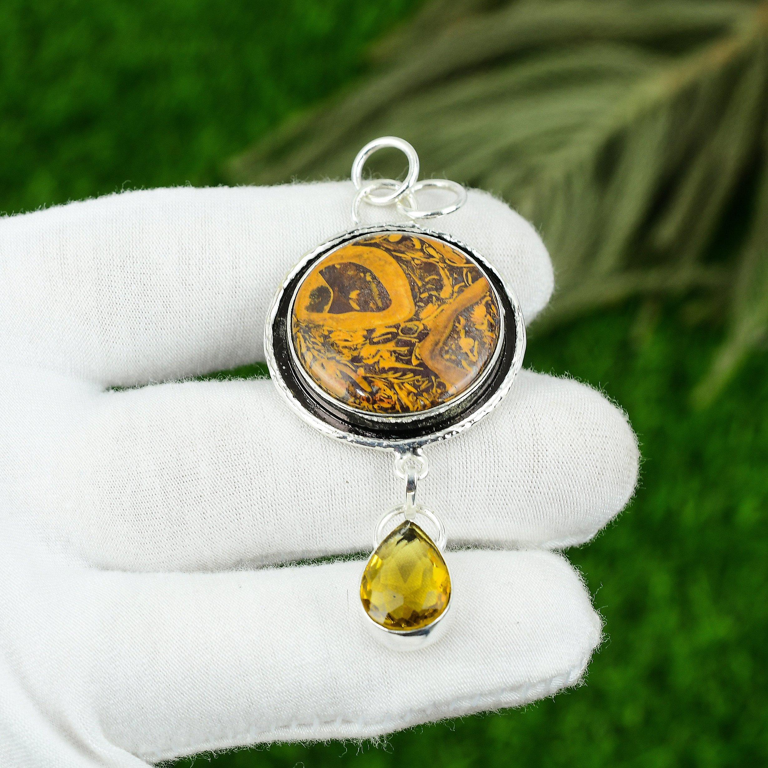 

925 Silver Round Mariam Jasper Stone Citrine Mother Artisan Birthday New Pendant