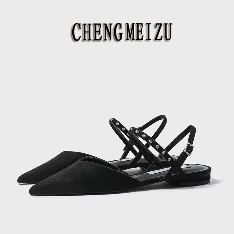 Chengmei foot women s shoes summer new niche design sense pointed single shoes word with flat bag head sandals women 34 чёрный
