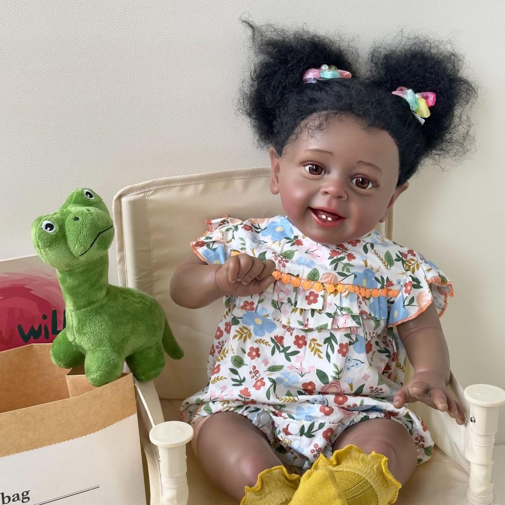 24'' 60cm Cloth Body Reborn Dolls YANNIK Handmade Rooted Exploding Hair Rebirth Doll Cute American Africa Dark Skin Simulation Regenerated Babies Doll