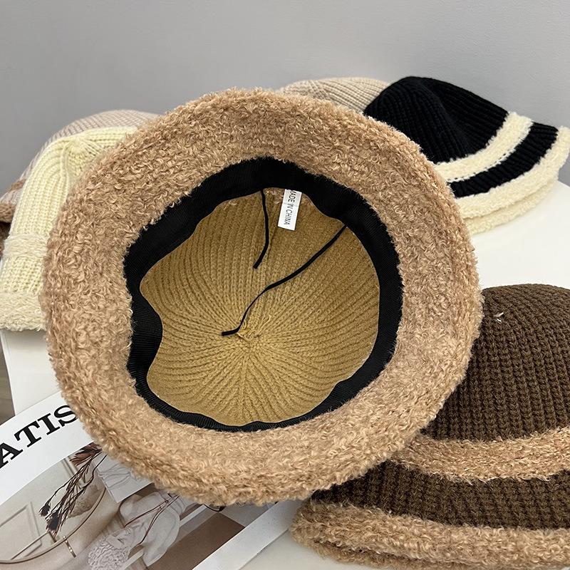 Fashion Plush Edge Knitted Warm Bucket Hat Women's Autumn and Winter Literary and Artistic Style Straight Bucket Hat