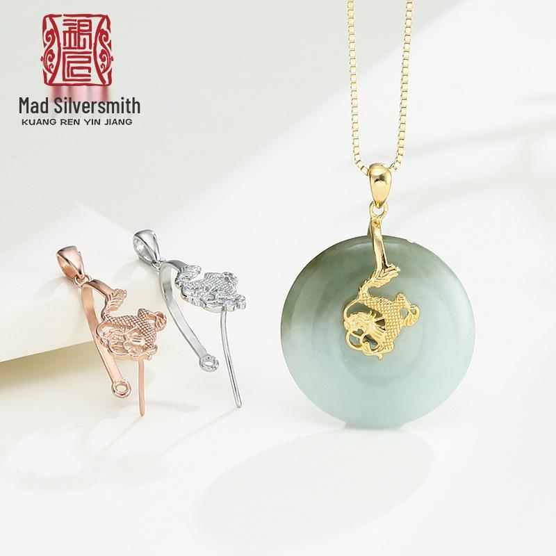 

Sterling Silver S925 Chinese Dragon Pendant with Amber Jade Clip Necklace золотой