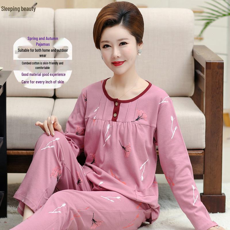 Women's Plus Size Knitted Cotton Home Wear for the Middle-Aged and Elderly - Suitable for Autumn and Spring