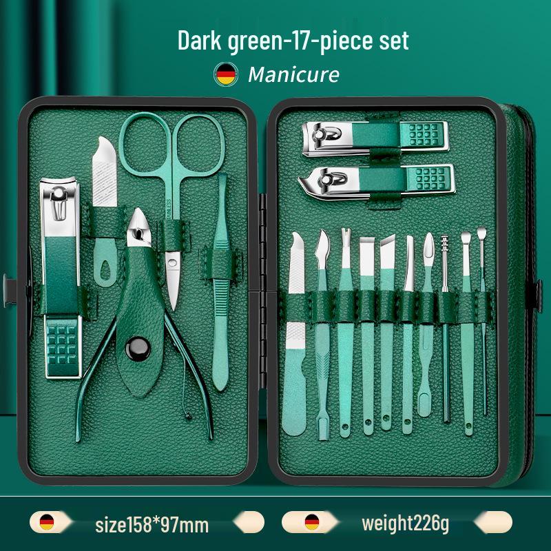 24-Piece Professional Dark Green Manicure Set with Nail Clippers & Scissors