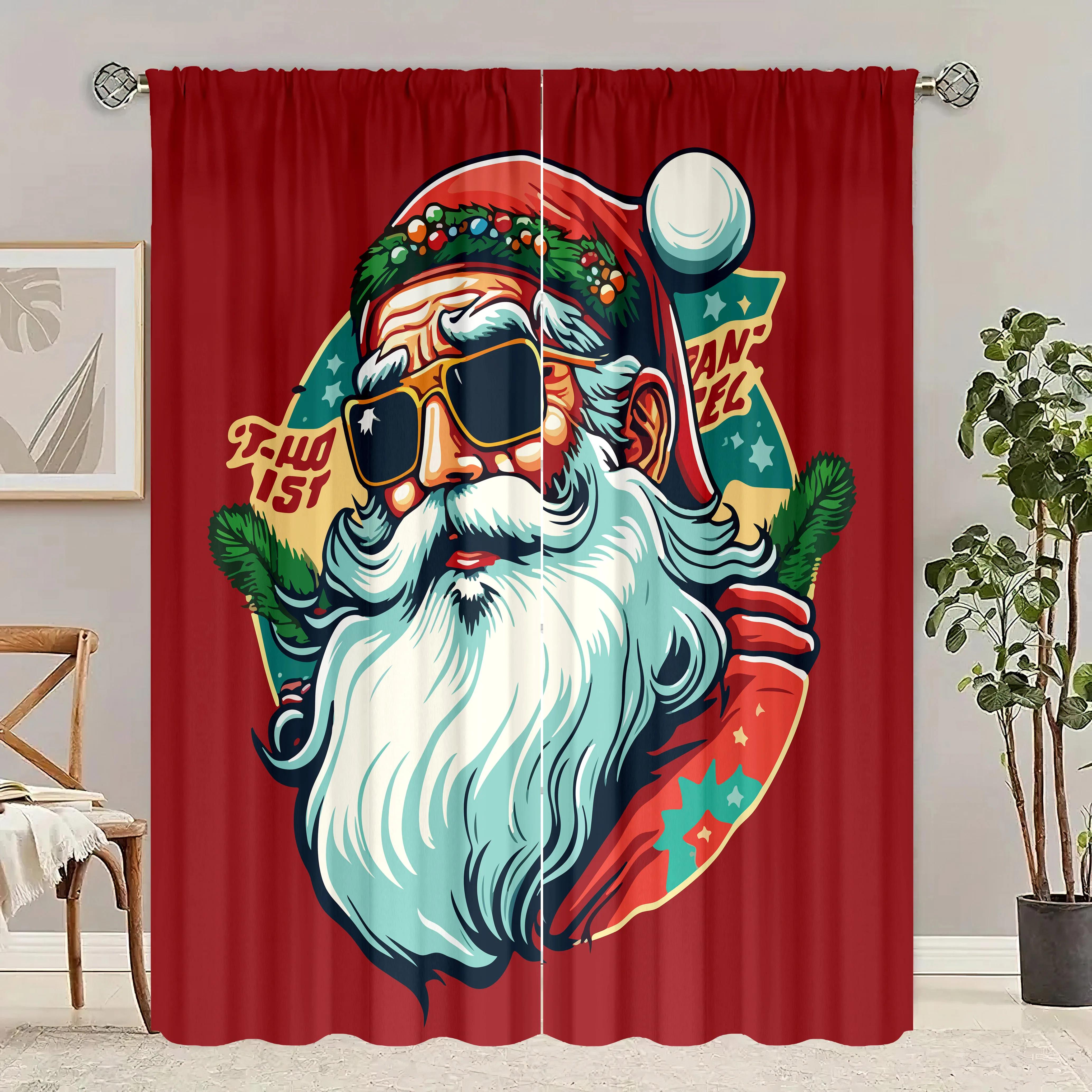 

Santa West Coast Print Curtains Piece Winter Polyester Set Bedroom Living Room Study Decor Holiday Window Scenery Curtain Made Of Washable Area Ready W100*H70(CM)-Rod Pocket&2PCS