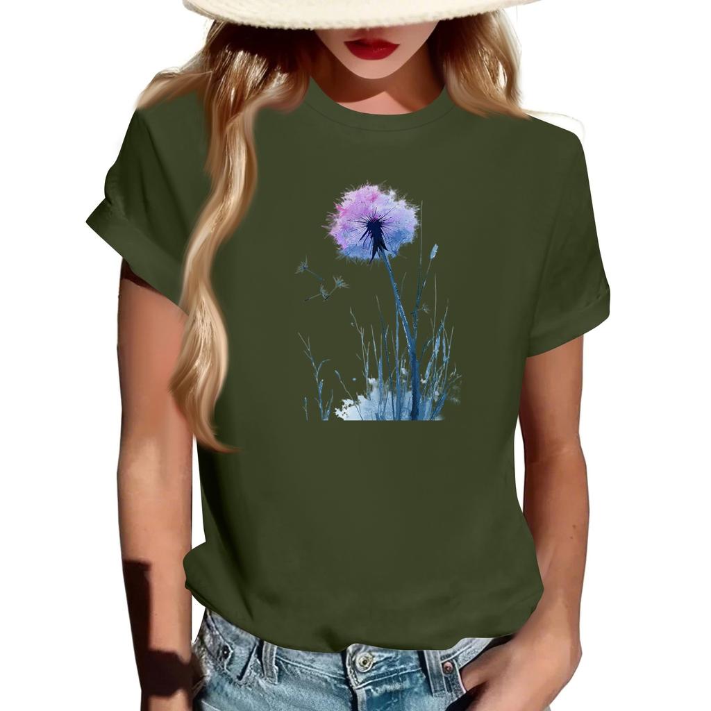 Women's Fashion Casual Printed Round Neck Short Sleeved Pullover T-Shirt Top