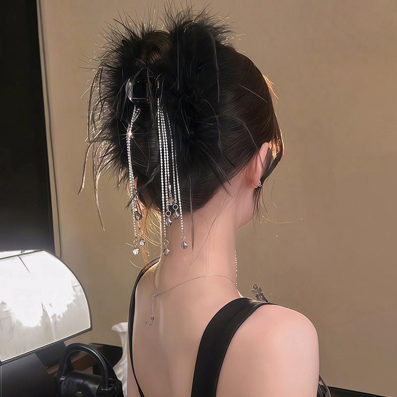 Black Feather Tassel 13Cm Claw Clip Women Hair Accessories For The Back Of The Head