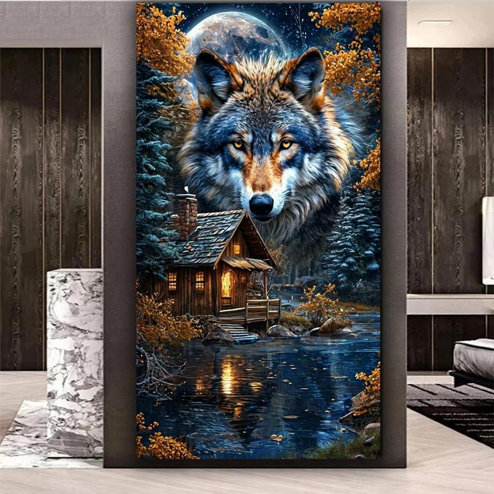 

Фэнтези Голова Лунного Волка, Лесная Хижина 5D DIY Алмазная Живопись Большой Размер Полная Выкладка Квадратными Круглыми Алмазами Мозаика Вышивка Настенный Декор Full Round 30x60CM
