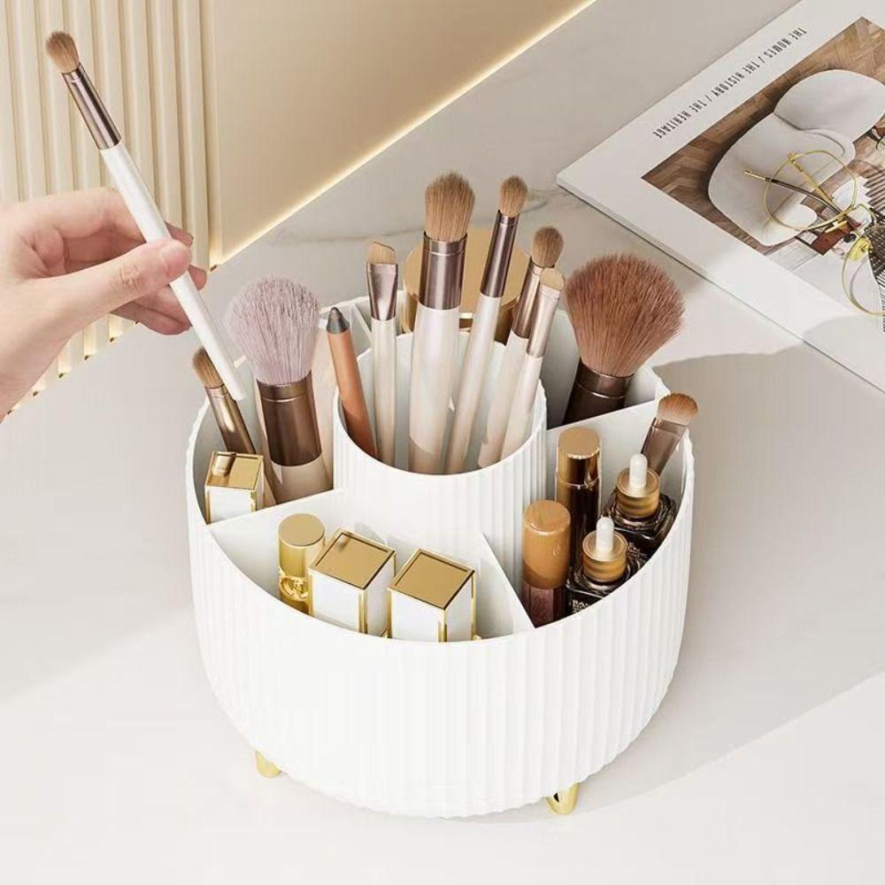 360° Rotating Makeup Brush Organizer Large Capacity 5 Compartments Desktop Storage Box Multi-Functional Easy Access