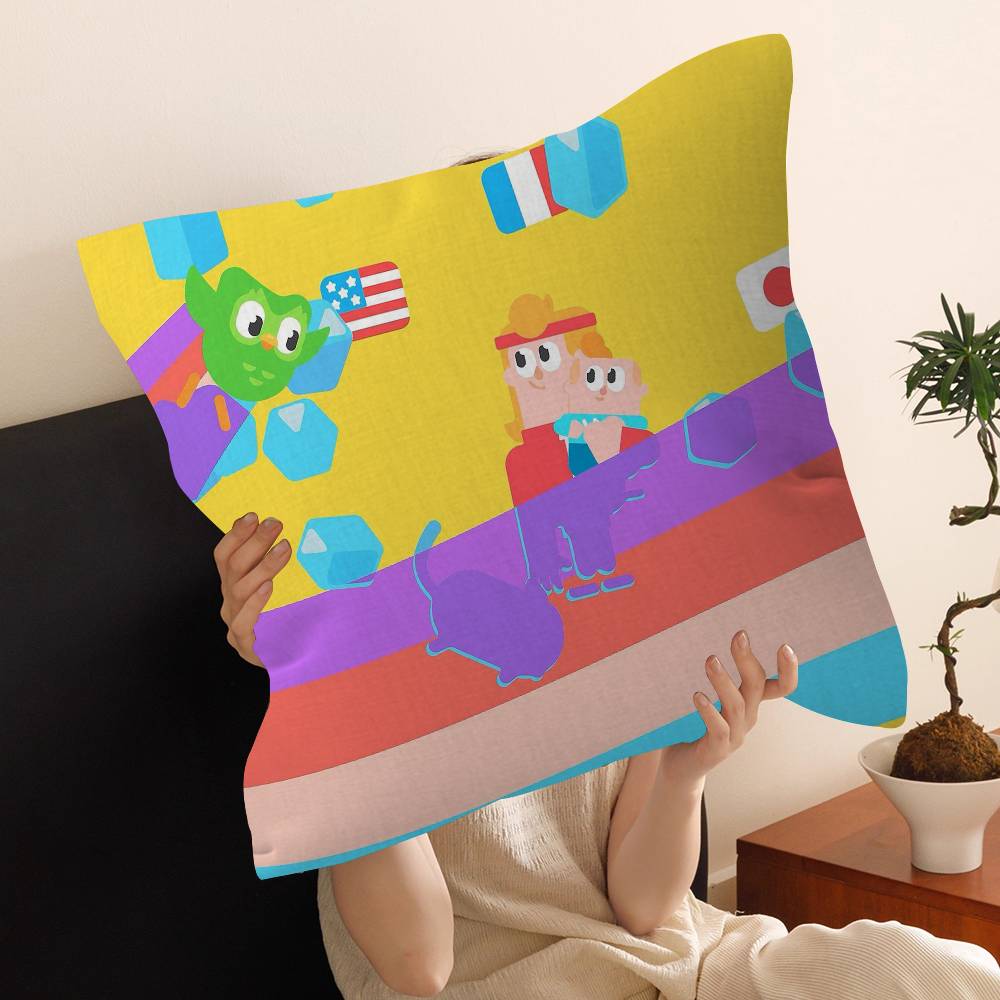 Funnyt D-Duolingo Pillow Covers Cartoon Sofa Decorative Home Double-sided Printing Short Plush Cute Cushion Cover
