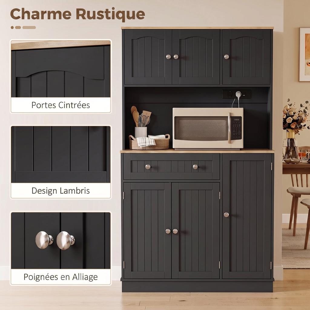 High Kitchen Buffet, 6 Doors, Charging Station, Worktop, Spice Rack, 100 x 40 x 173 cm, Black