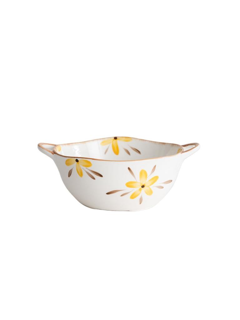 Household minimalist style ceramic soup bowl Japanese yellow flower painted tableware double ear large bowl salad bowl