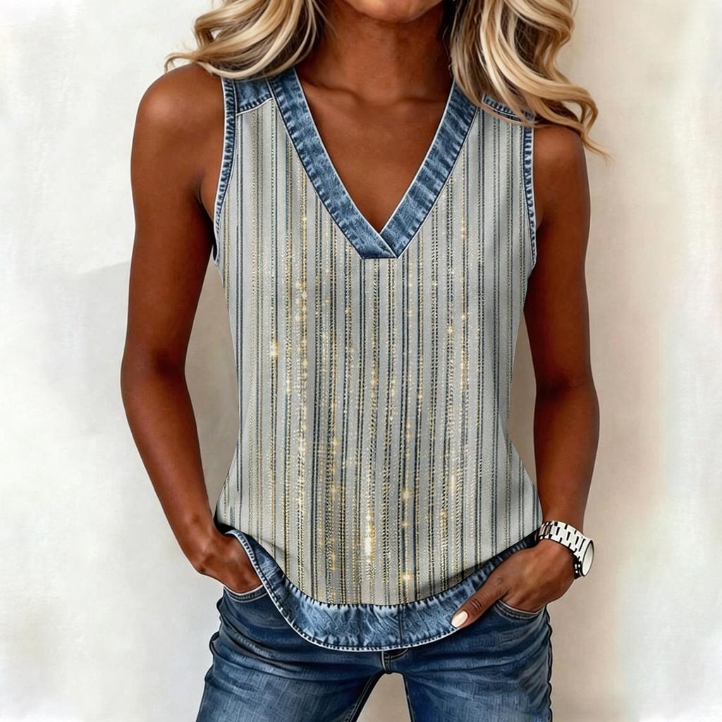 Damen Casual Patchwork Ärmelloses Tanktop V-Ausschnitt Leichte Sommerbluse Lockere Passform Stilvolles Design Bequemer Stoff