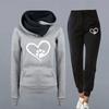 2Pcs/Set Women Autumn Winter Heart Print Sport Outfit Hooded Long Sleeve Front Pocket Sweatshirt Tops Elastic Waist Jogger Pants