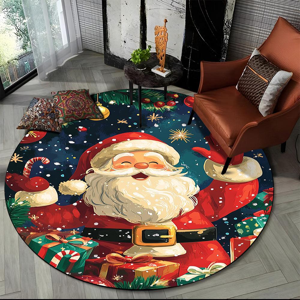 Cartoon Santa Claus Merry Christmas Snowman New Year Round Carpet Rug for Bedroom Living Room Sofa Decoration,Decor Floor Mat