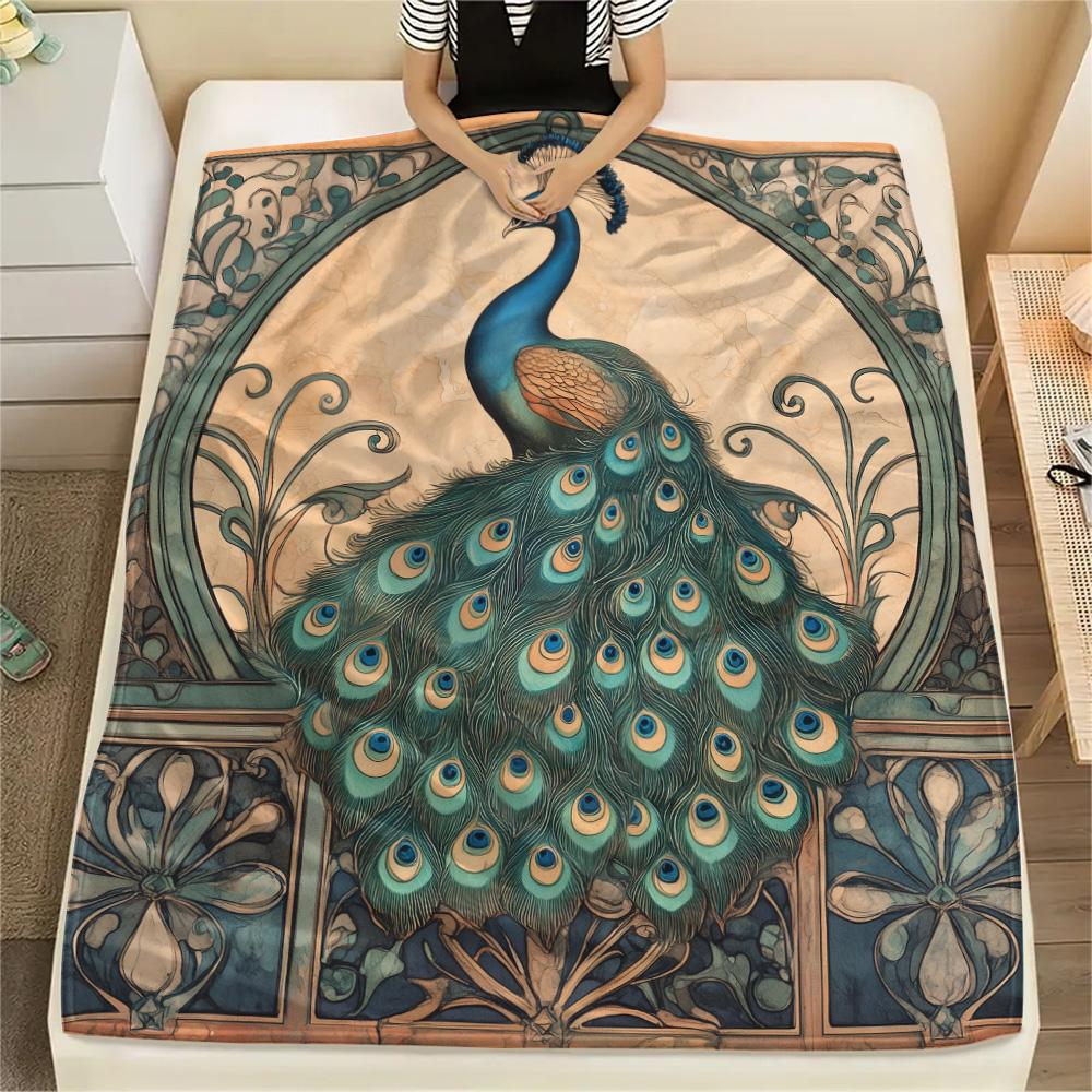 Peacock with Fanned Tail Print Flannel Blanket, High quality Comfortable for All Seasons, Home Decor, Warmth and Comfort