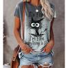 Women Summer T Shirt Trend Cat Print Retro Fashion Short Sleeve Tees Casual   Printed  Tops