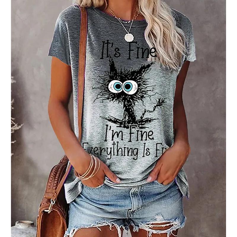 Women Summer T Shirt Trend Cat Print Retro Fashion Short Sleeve Tees Casual   Printed  Tops