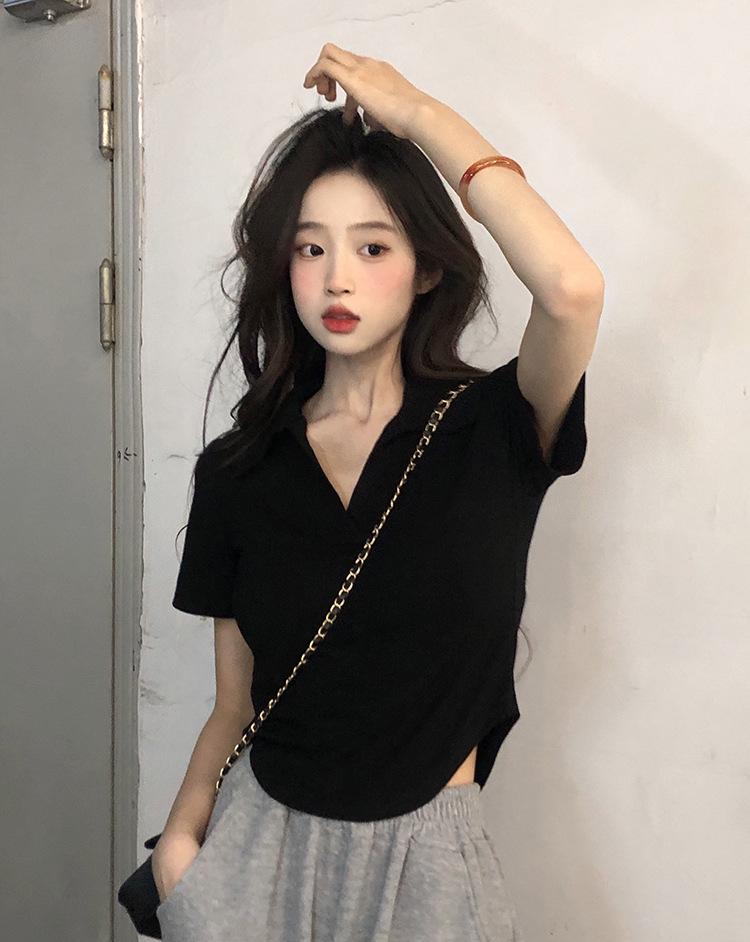 Women's Summer Slim Fit Korean-Style Polo T-Shirt with Ice Silk and Irregular Hem