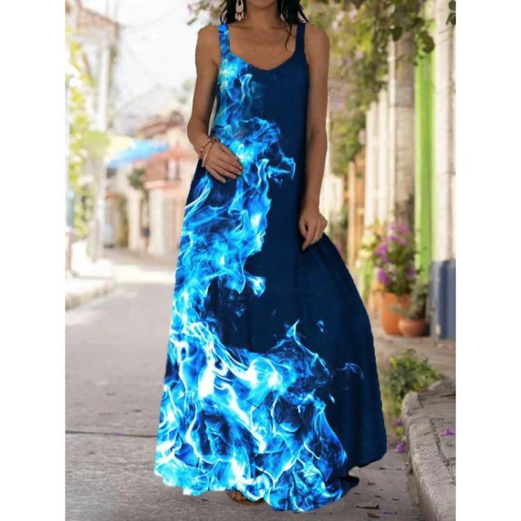Boho Casual Loose Sleeveless V Neck Swing Long Dress Women Plus Size Fashion Printing Summer Beach Off-the-shoulder Dress