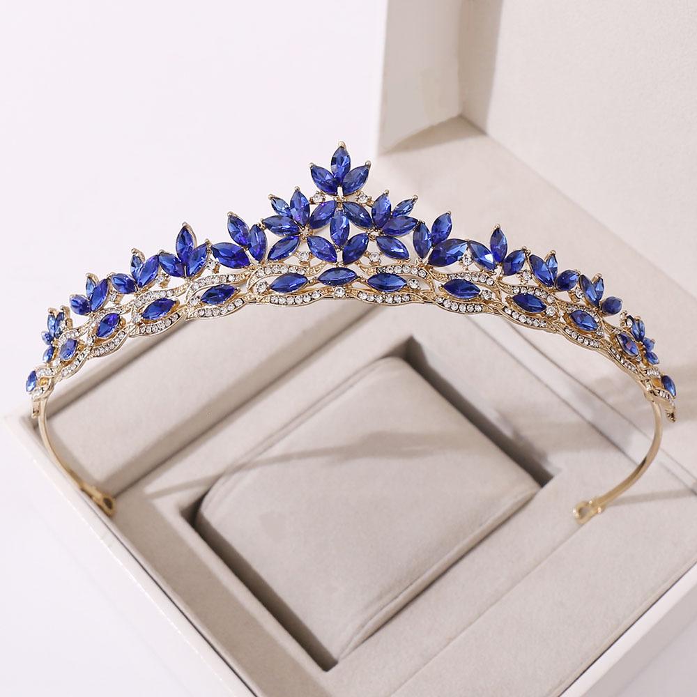 DIEZI Elegant Green Blue Leaves Rhinestone Tiara Crown For Women Party Wedding Bridal Bride Crystal Tiara Crown Hair Jewelry
