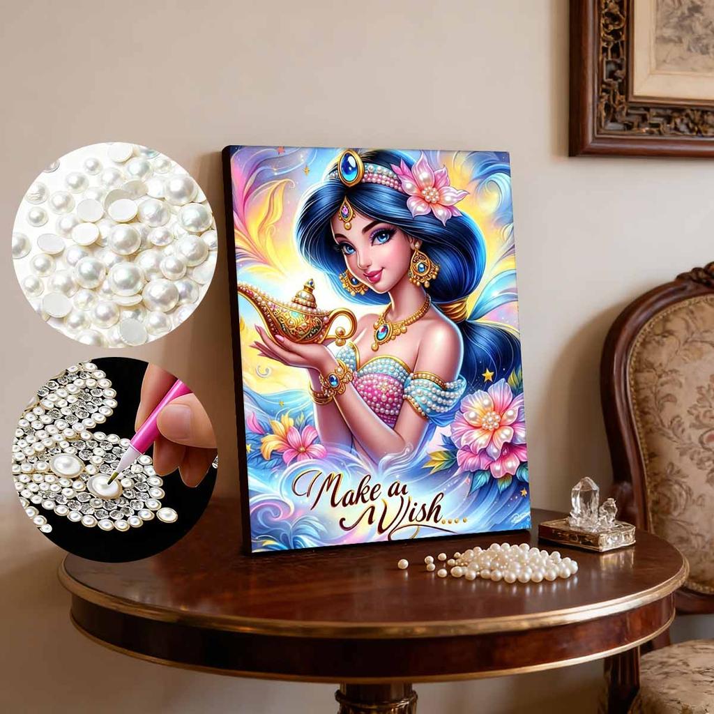 Disney Jasmine Series Pearl Effect Frameless Art | Magic Lamp Wish & Colorful Floral Design | Luxe Wall Decor for Contemporary Space & Gallery