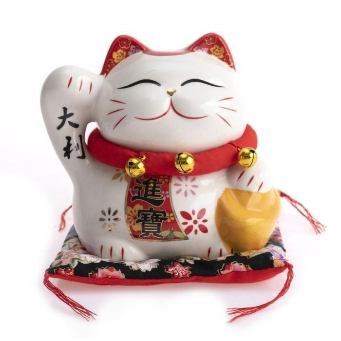 Figur Maneki Neko - LA CHINEUSE - Japanische Katze 'Besonderes Glück' - Porzellan - Mehrfarbig - Münzmuster