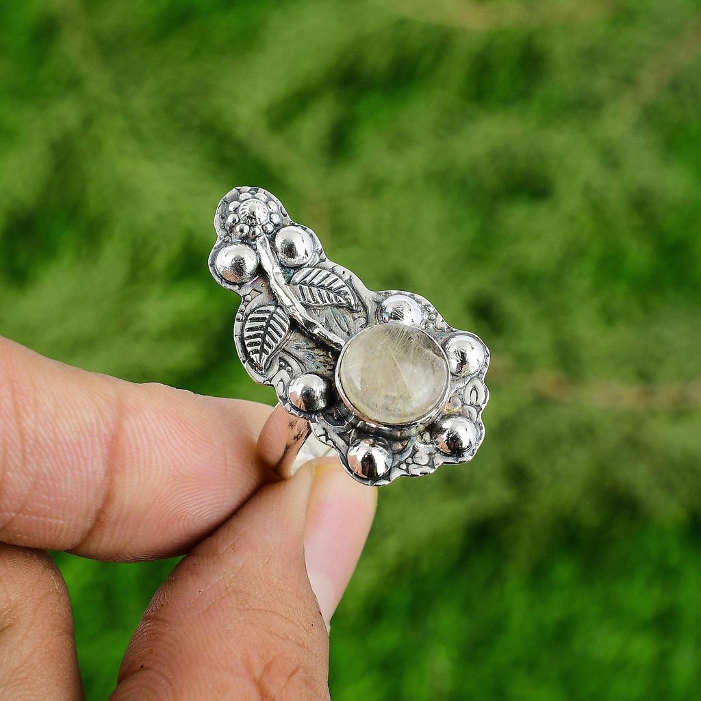 925 Sterling Silver Round Golden Rutile Gemstone Daughter Statement Flower Ring