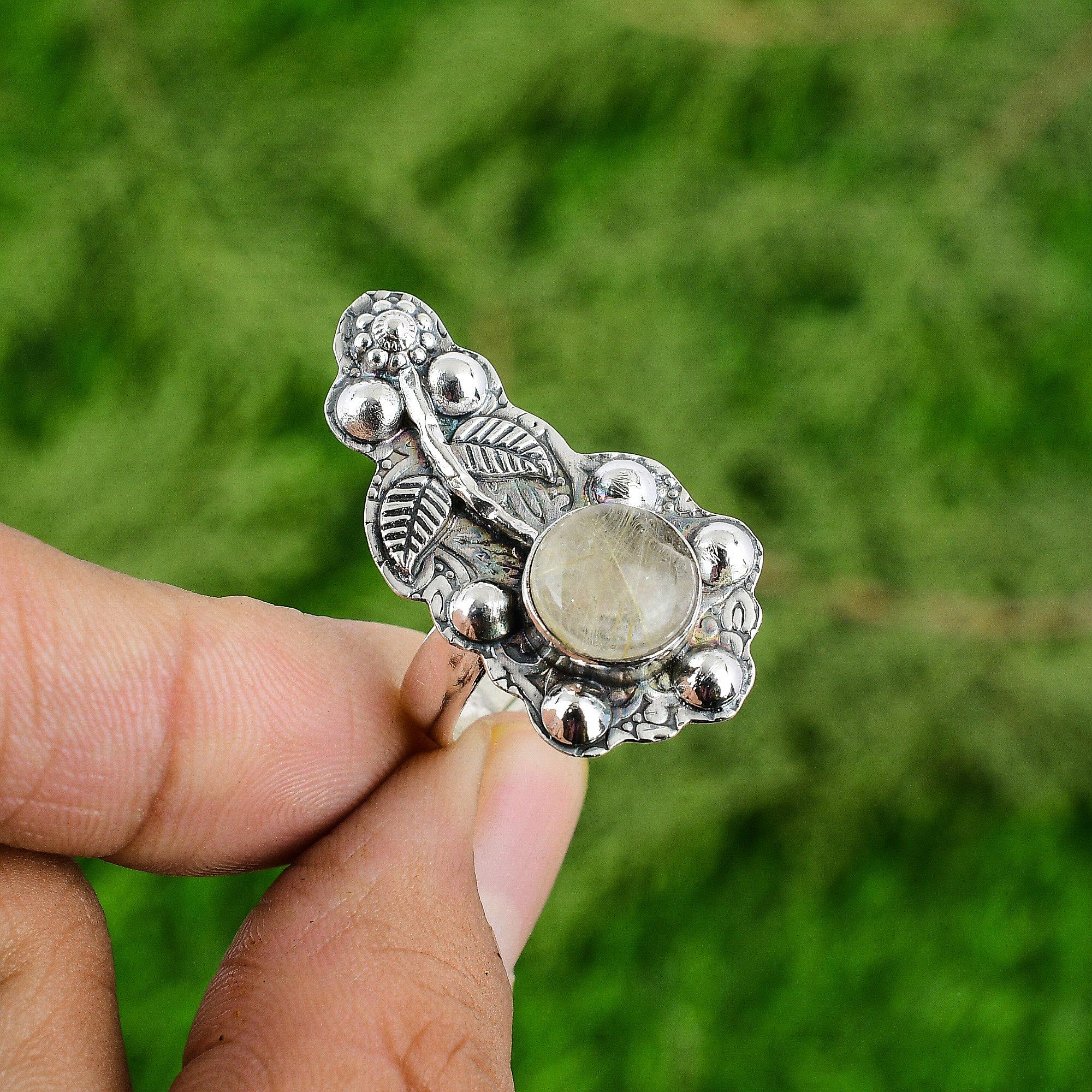 

925 Sterling Silver Round Golden Rutile Gemstone Daughter Statement Flower Ring Adjustable