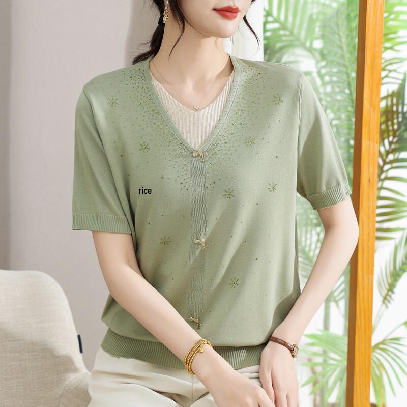 Hodo Women's Faux Two-Piece Short-Sleeve Ice Silk Knit Top