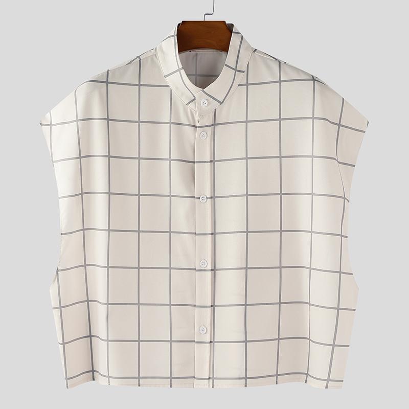 

INCERUN Men Lapel Neck Sleeveless Plaid Print Buttons Casual Loose Cropped Shirts 5XL хаки