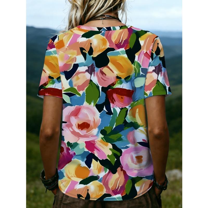 Plus Size Women's 2026 Summer New 3D Print V-Neck Short Sleeve T-Shirt, Slimming Loose Fit Versatile Casual Top, No Accessories Included
