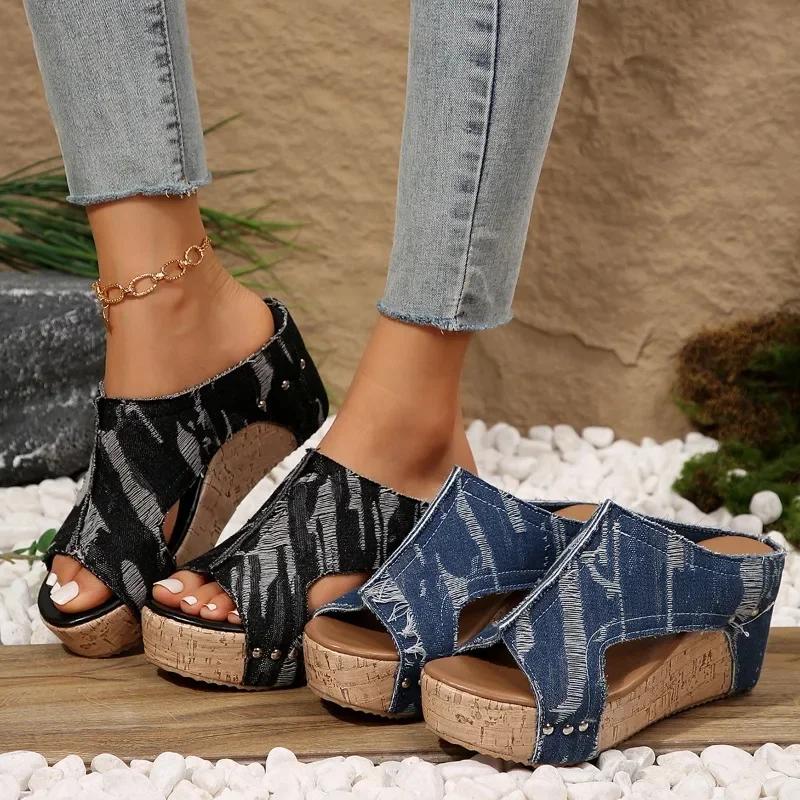 2024 New Shoes for Women Slip-on Women's High Heels Fashion High Heel Pump Women Wedges Open Toe Mixed Colors Women's Sandals