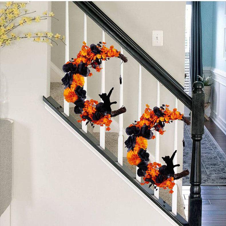Orange Black Moon Cat Wreath Halloween Wreath Door Hanging Outdoor Courtyard Decoration Wreath Door Hanging Wholesale Atmosphere