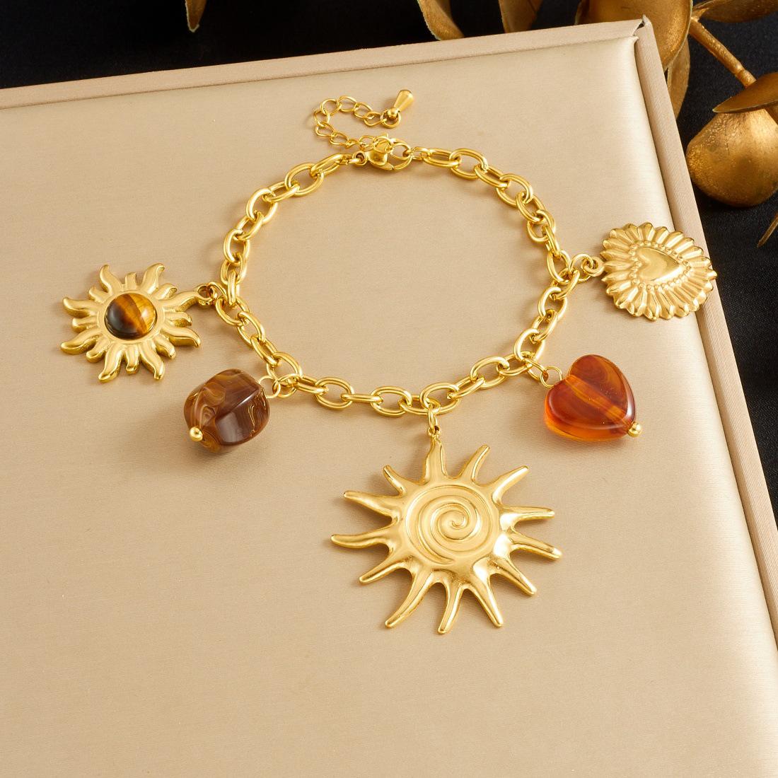 Ретро Позолоченный Подвеска Солнце Сердце Тигровый Глаз Набор Ювелирных Изделий