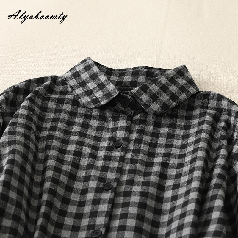 Mori Girl Spring Autumn Women Midi Shirt Dress Turn-Down Collar Vintage Plaid Casual Loose Dress Retro Cotton Elegant A-Line Dress