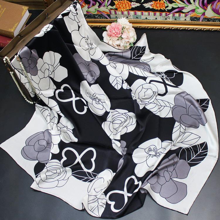 Simple Camellia Classic Black And White Gray Color Scheme Hand Curled Mulberry Silk Versatile Silk Plain Crepe Satin Large Square Scarf Silk Scarf