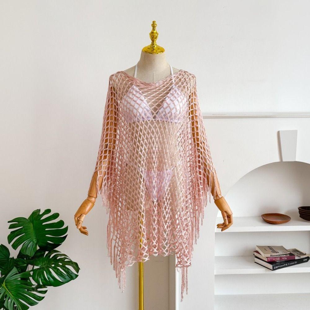 Tassel Sunscreen Cover-up Loose Fit Knit Hollow Out Top Simple Fishnet Swimsuit Cover Up  Vacation