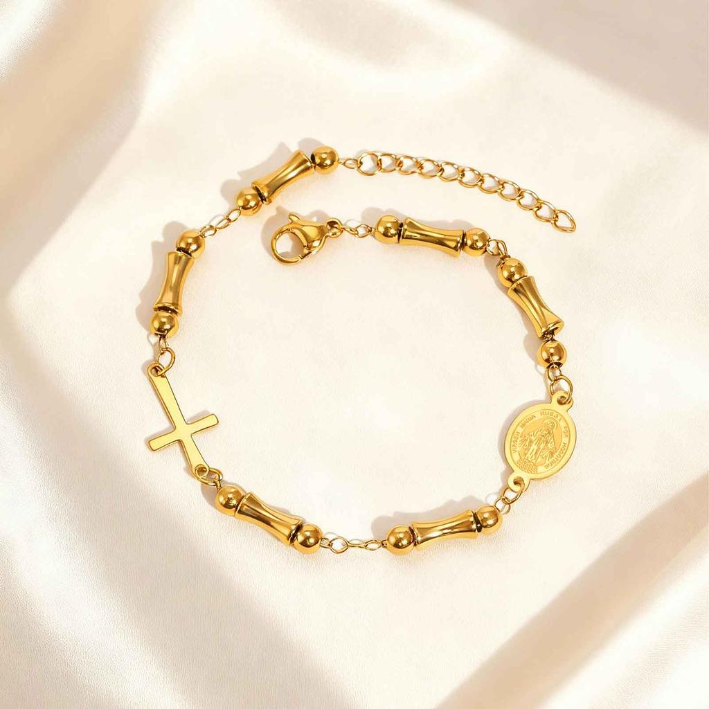 Vintage Rosary Bamboo Bead Chain Virgin Bracelet for Women,Stainless Steel Our Lady's Cross Bracelets,Charm Religious Jewelry