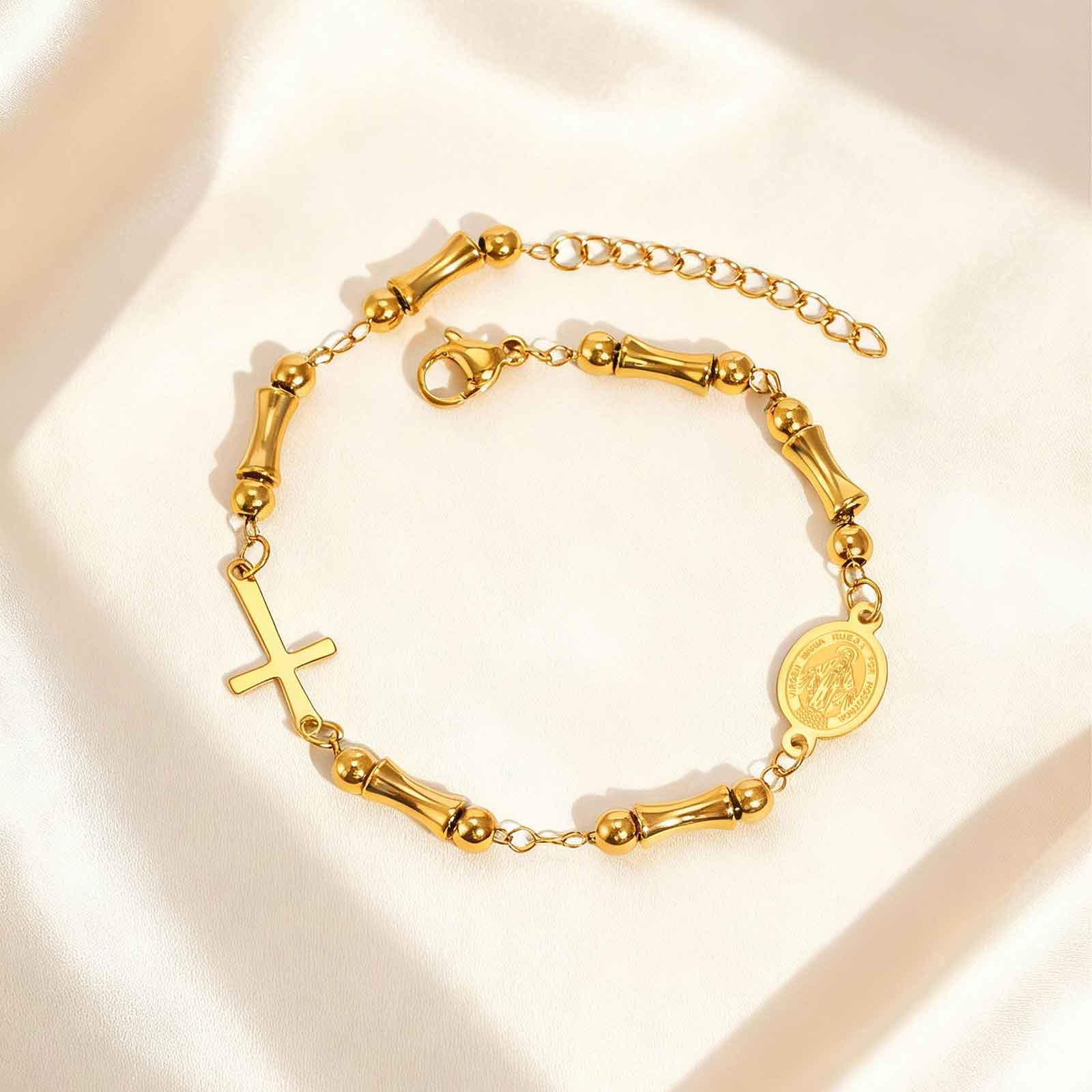 

Vintage Rosary Bamboo Bead Chain Virgin Bracelet for Women,Stainless Steel Our Lady s Cross Bracelets,Charm Religious Jewelry