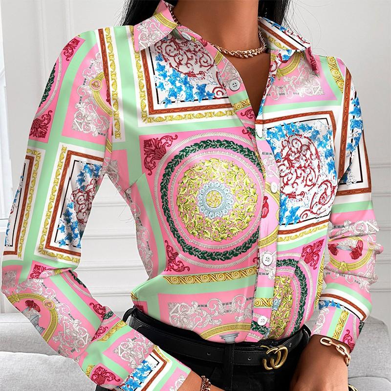 Damen Herbst Locker Langarm V-Ausschnitt Knopf Bedruckte Hemdbluse